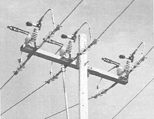 Gang-operated three-pole air-break switch with arc interrupters (in the open position)