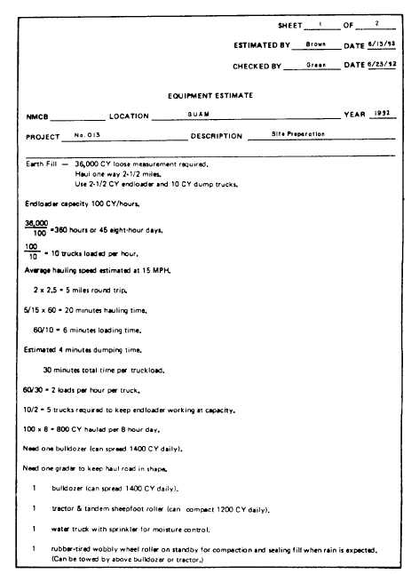 Sample equipment estimate (sheet 1 of 2)