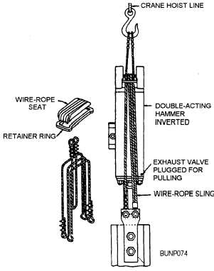Wire-rope sling used with 5,000-pound airstream hammer to pull piles