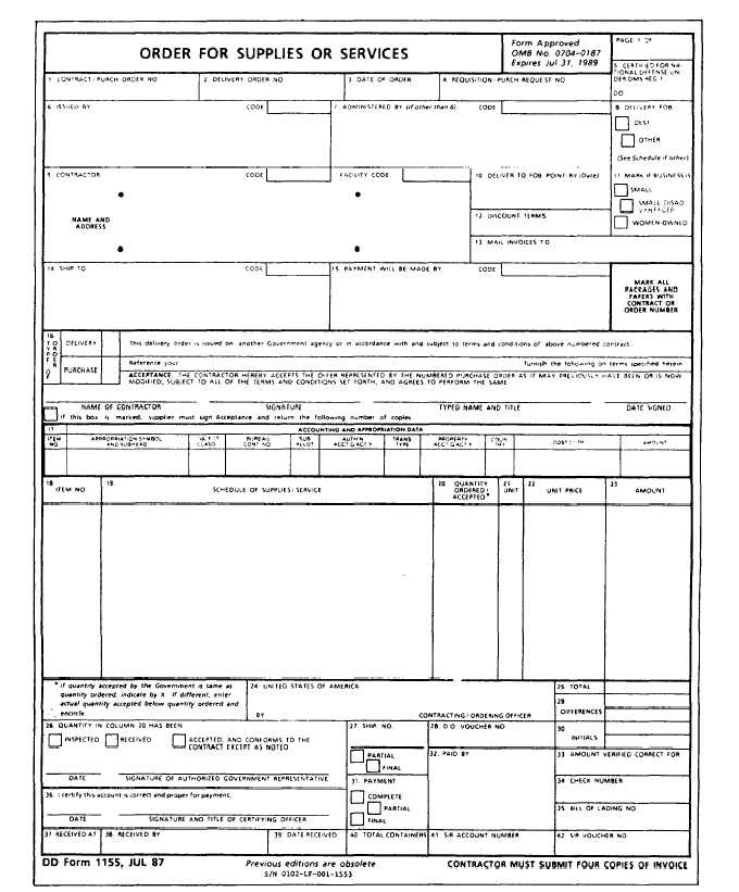 Order for Supplies or Services, DD Form 1155