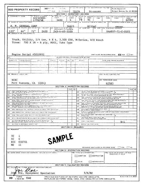DoD Property Record Card, DD Form 1342 (front)
