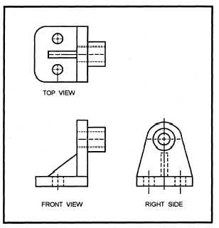 Three-view orthographic drawing of the steel part shown in figure 3-41