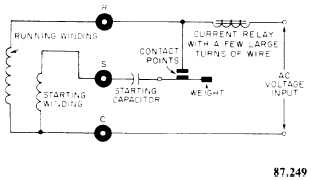 Schematic diagram of a current relay motor starting circuit