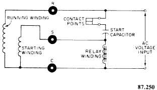 Schematic diagram of a voltage relay motor starting circuit