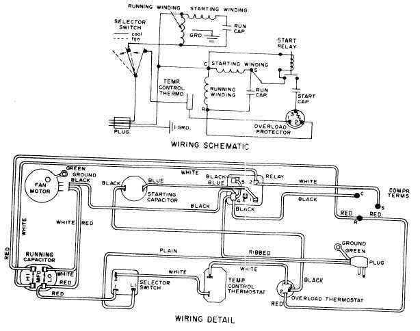 Wiring schematic and detail for a typical room air-conditioner