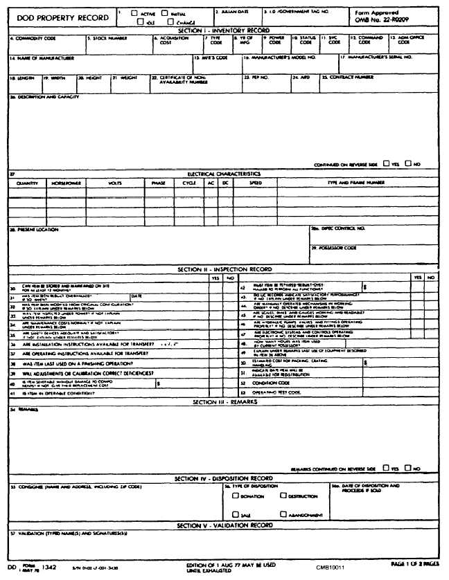 DoD Property Record, DD Form 1342