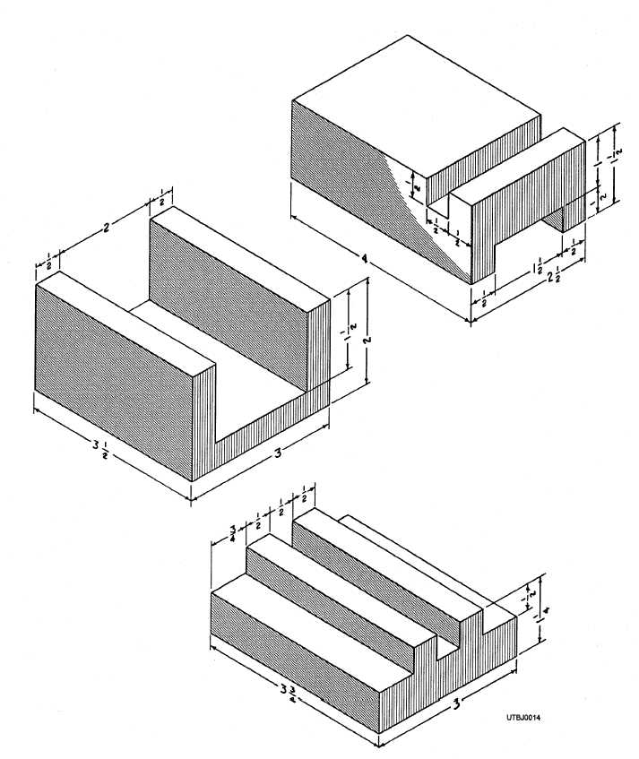 Three isometric views to be drawn orthographically
