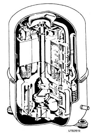 A cutaway view of a hermetic compressor and motor